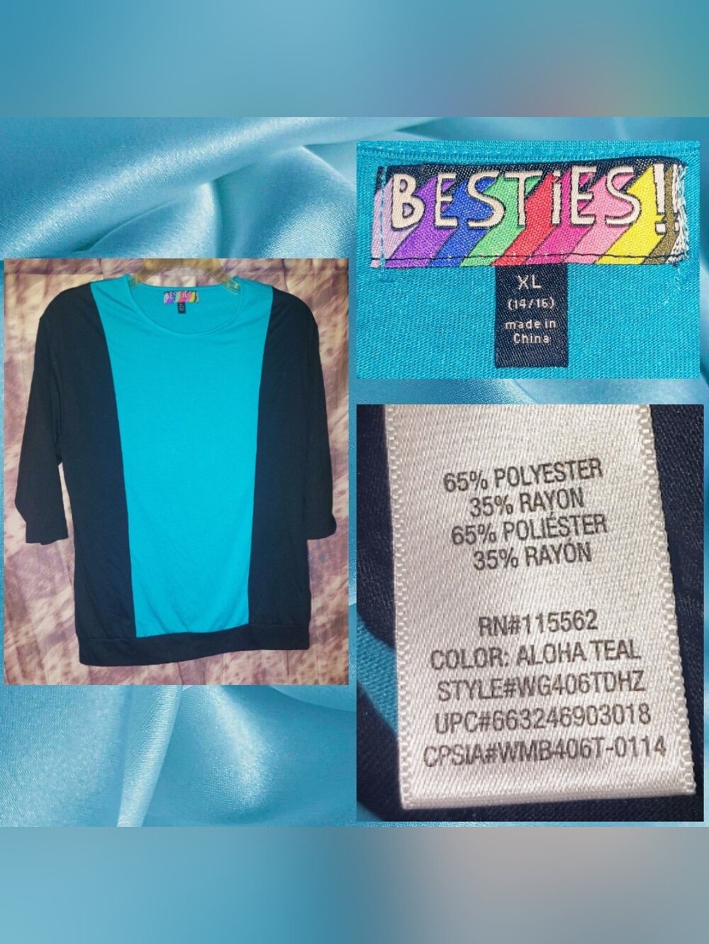 Besties!! brand Black & Teal Blue Colorblock Soft Knit Banded Top Sz XL